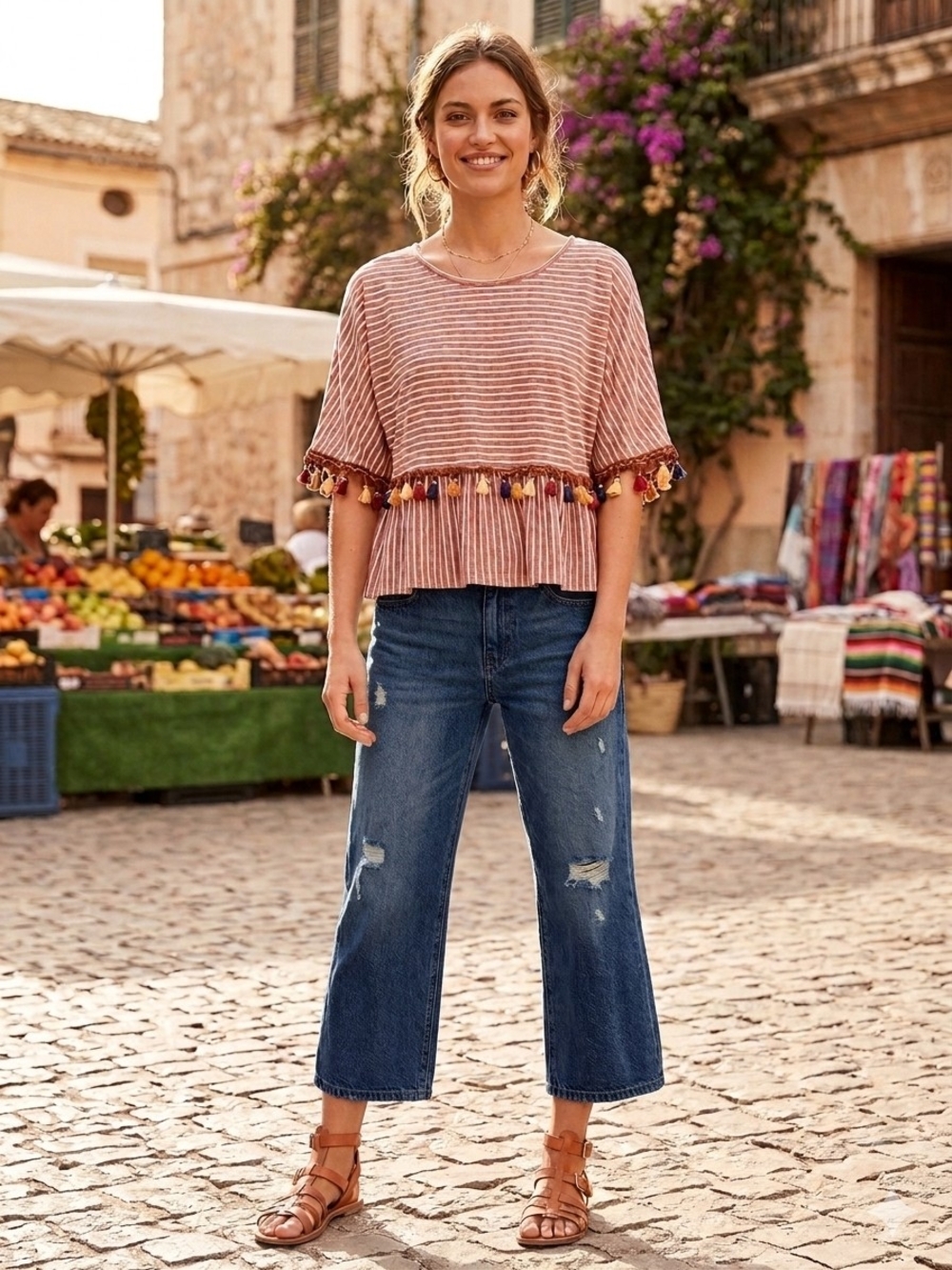 Hummingbird Striped Tassel Short Sleeve Top
